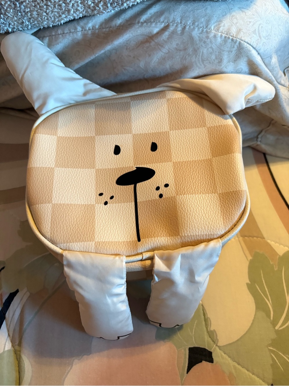 Bath & Body Works Beige Check Puppy Toy Bin with White Ears Backpack